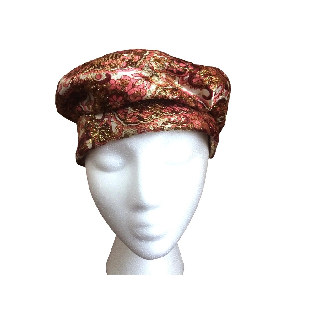 Vintage Metallic Gold Pink Paisley Brocade Turban Hat Tie Back Retro Headpiece